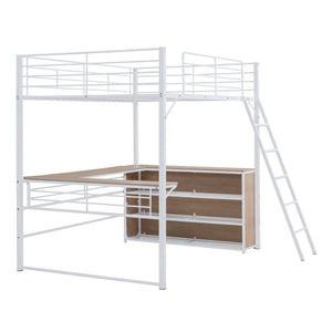 English Elm Full Metal Loft Bed with L-Shaped Desk, 3-Tier Shelving, Sturdy Ladder & Space-Saving Design for Teens and Adults White SF000080AAK