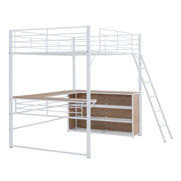 English Elm Full Metal Loft Bed with L-Shaped Desk, 3-Tier Shelving, Sturdy Ladder & Space-Saving Design for Teens and Adults White SF000080AAK
