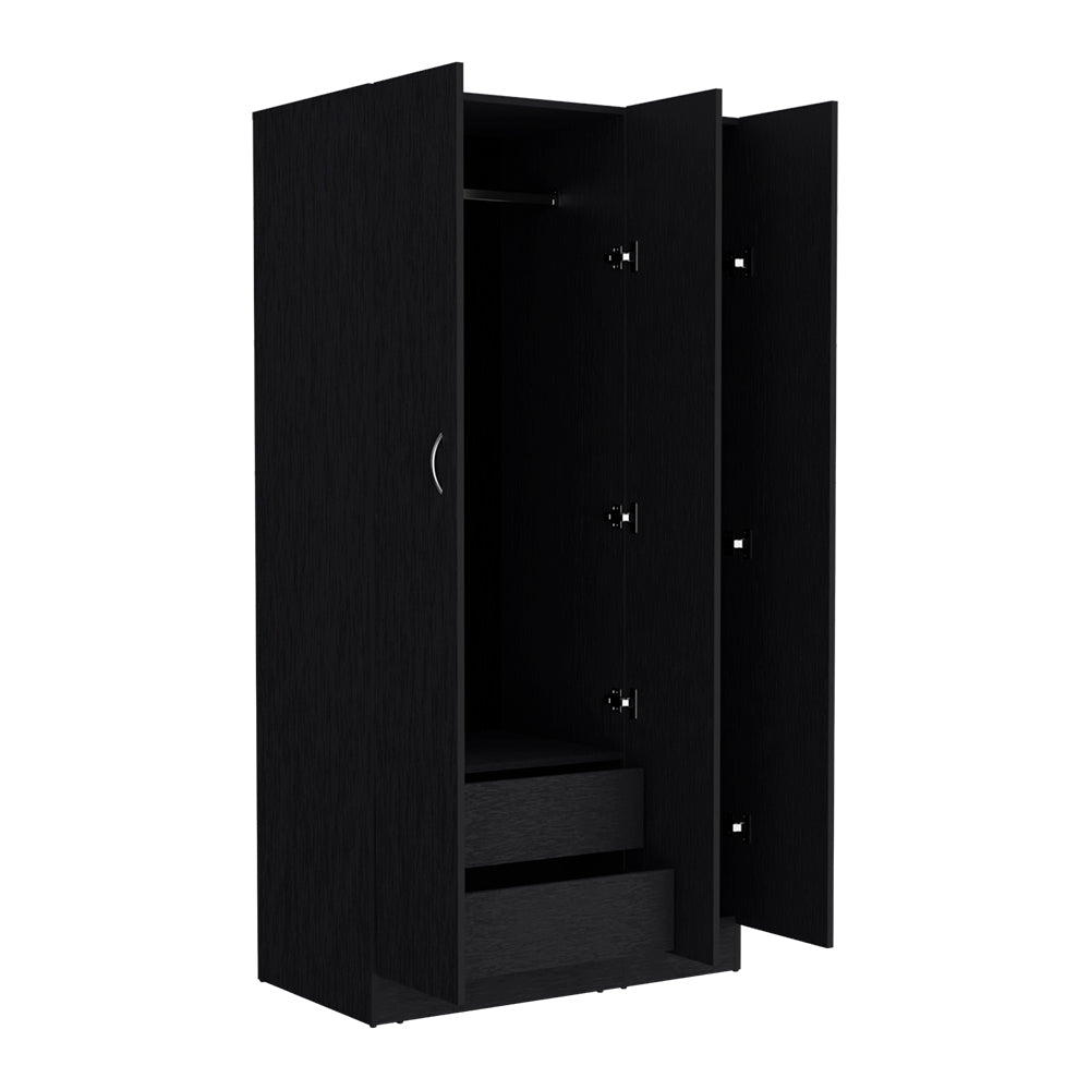 English Elm Wardrobe Erie Black with 3 Doors, 2 Drawers & Shelves — Engineered Wood, Hanging Rod, Durable Storage B092S00215