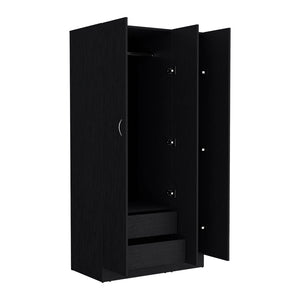 English Elm Wardrobe Erie Black with 3 Doors, 2 Drawers & Shelves — Engineered Wood, Hanging Rod, Durable Storage B092S00215