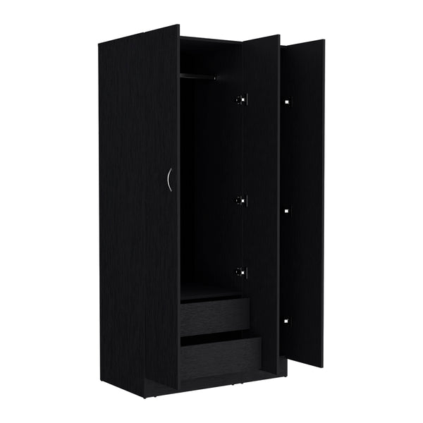 English Elm Wardrobe Erie Black with 3 Doors, 2 Drawers & Shelves — Engineered Wood, Hanging Rod, Durable Storage B092S00215