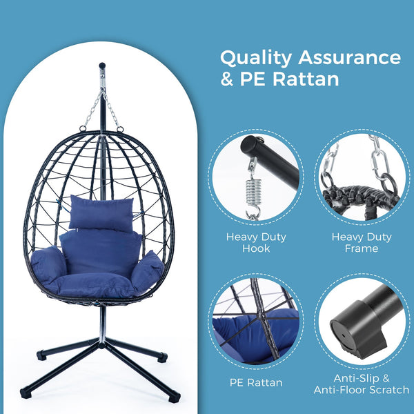 English Elm Egg Modern Rattan Hanging Swing Chair with Stand - All-Weather PE Wicker Egg Seat for Patio Comfort Navy Blue W87437581