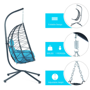 English Elm Egg Modern Rattan Hanging Swing Chair with Stand - Black PE Wicker, Light Blue Cushion, 350lb Load, Indoor Outdoor Relaxation W87437579