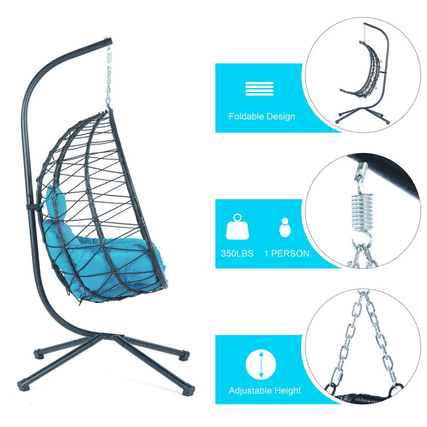 English Elm Egg Modern Rattan Hanging Swing Chair with Stand - Black PE Wicker, Light Blue Cushion, 350lb Load, Indoor Outdoor Relaxation W87437579