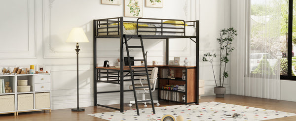 English Elm Twin Metal Loft Bed with L-Shaped Desk, 3-Tier Shelving, Sturdy Ladder & Space-Saving Design Black SF000079AAB