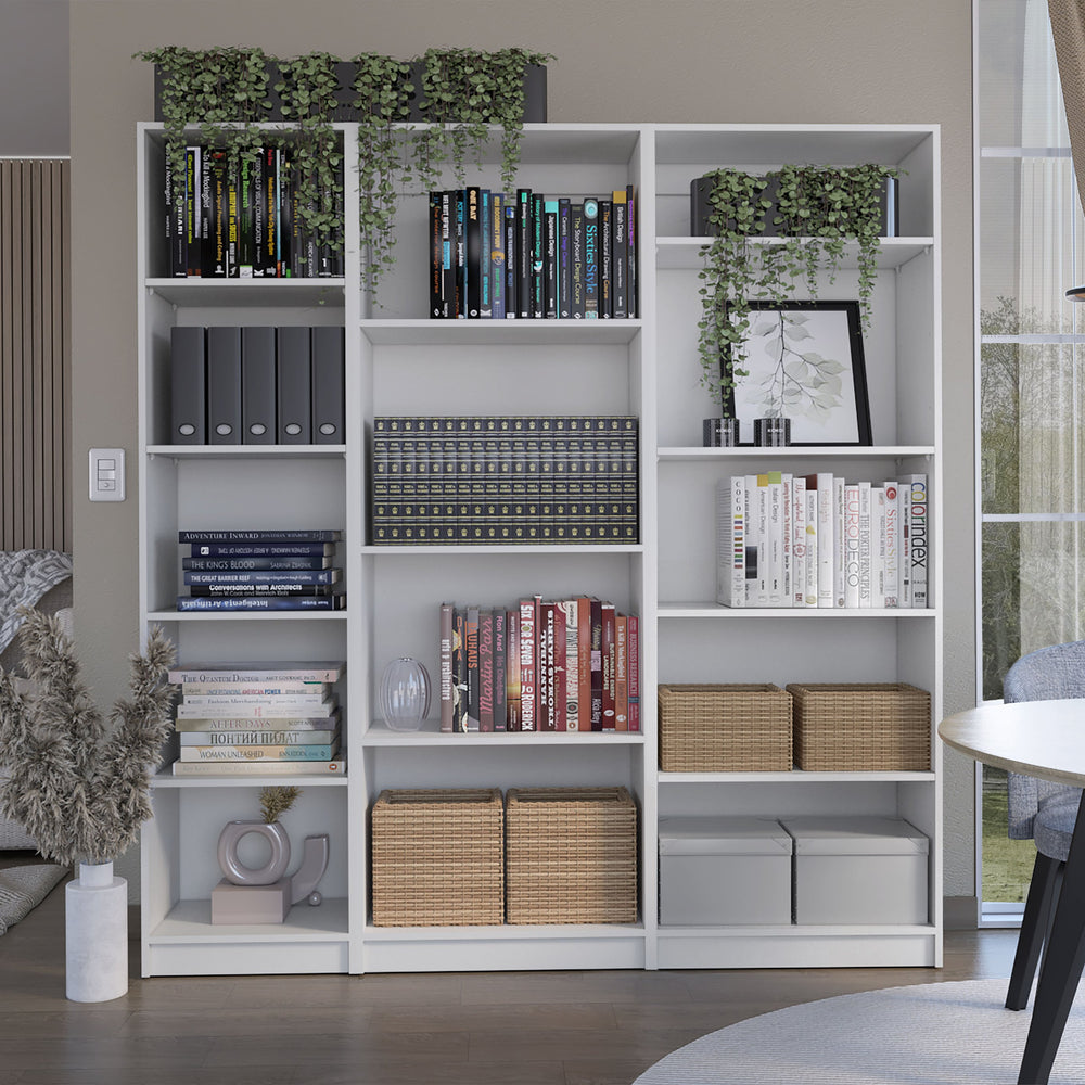 English Elm Tuin 3 Piece Living Room Bookcase Set in White — Coordinated Engineered Wood Storage, Stylish Versatile Display Options B092S00224