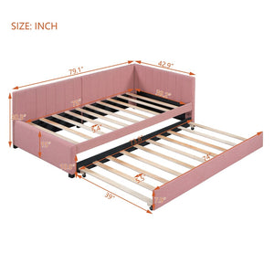 English Elm Upholstered Twin Daybed with Roll-out Trundle Linen Sofa Frame for Guest Rooms Pink LP000171AAH