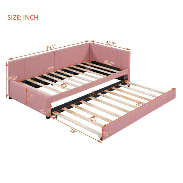English Elm Upholstered Twin Daybed with Roll-out Trundle Linen Sofa Frame for Guest Rooms Pink LP000171AAH