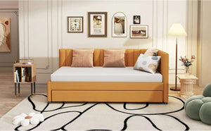 English Elm Upholstered Twin Daybed with Roll-out Trundle Linen Sofa Frame for Guest Rooms LP000171AAL