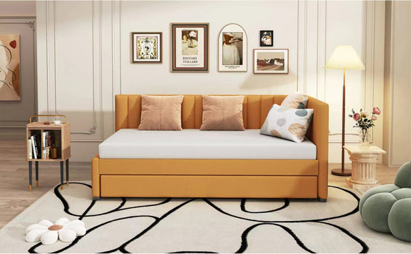 English Elm Upholstered Twin Daybed with Roll-out Trundle Linen Sofa Frame for Guest Rooms LP000171AAL