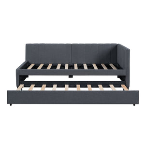 English Elm Upholstered Twin Daybed with Roll-out Trundle Linen Sofa Frame for Guest Rooms Gray LP000171AAE