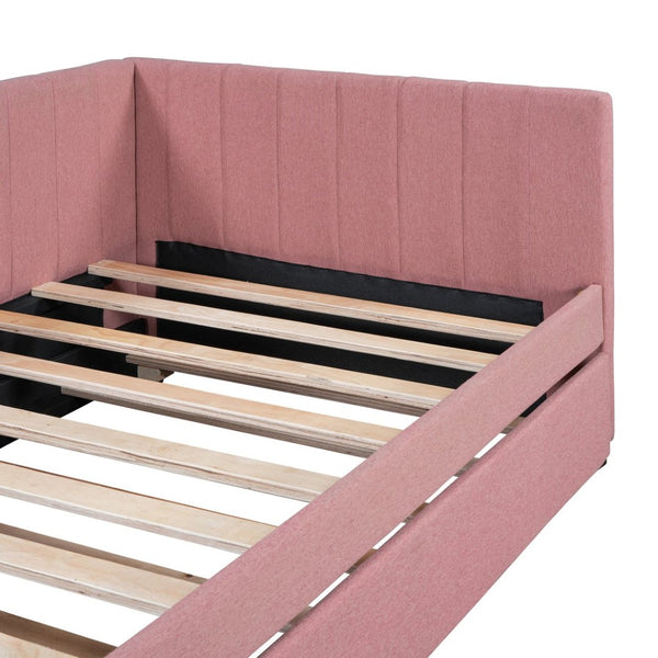English Elm Upholstered Twin Daybed with Roll-out Trundle Linen Sofa Frame for Guest Rooms Pink LP000171AAH