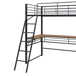English Elm Twin Metal Loft Bed with L-Shaped Desk, 3-Tier Shelving, Sturdy Ladder & Space-Saving Design Black SF000079AAB