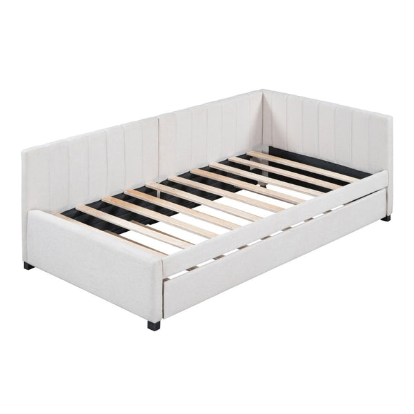 English Elm Upholstered Twin Daybed with Roll-out Trundle Linen Sofa Frame for Guest Rooms LP000171AAA