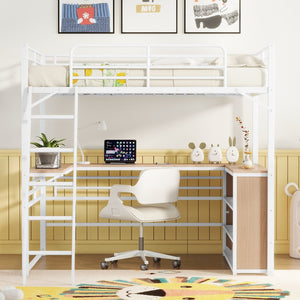English Elm Full Metal Loft Bed with L-Shaped Desk, 3-Tier Shelving, Sturdy Ladder & Space-Saving Design for Teens and Adults White SF000080AAK