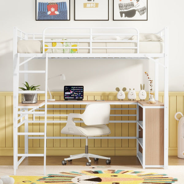 English Elm Full Metal Loft Bed with L-Shaped Desk, 3-Tier Shelving, Sturdy Ladder & Space-Saving Design for Teens and Adults White SF000080AAK