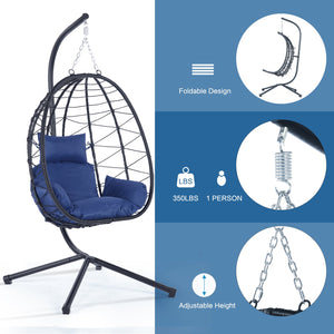 English Elm Egg Modern Rattan Hanging Swing Chair with Stand - All-Weather PE Wicker Egg Seat for Patio Comfort Navy Blue W87437581