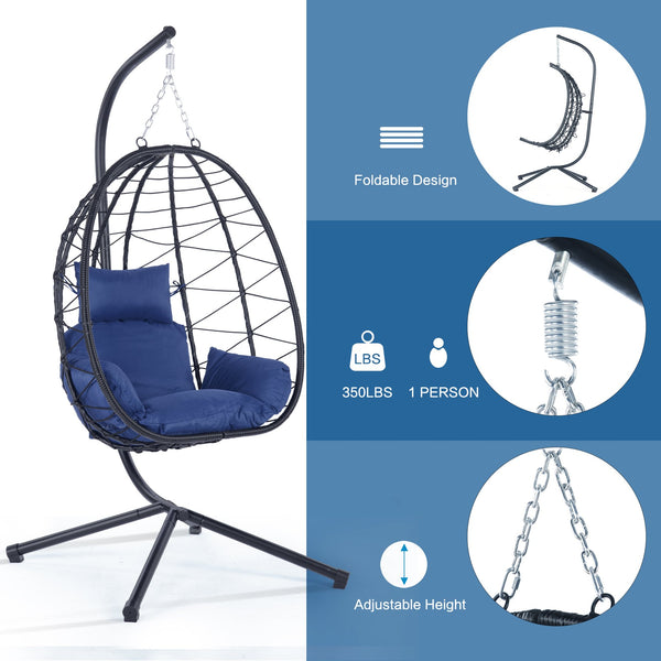 English Elm Egg Modern Rattan Hanging Swing Chair with Stand - All-Weather PE Wicker Egg Seat for Patio Comfort Navy Blue W87437581