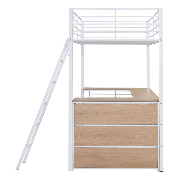 English Elm Twin Metal Loft Bed with L-Shaped Desk, 3-Tier Shelving, Sturdy Ladder & Space-Saving Design White SF000079AAK