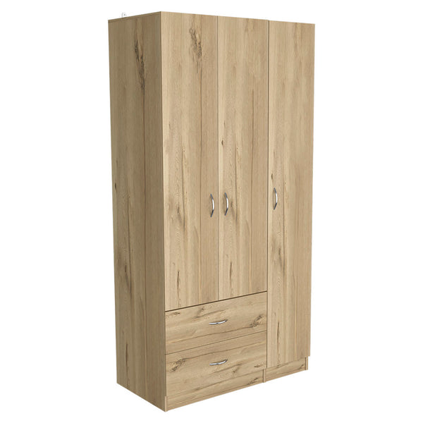 English Elm Three Door Armoire Clark — Spacious Light Oak Engineered Wood Closet with Drawers, Shelves & Rod for Organized Bedrooms B092S00208