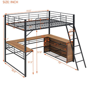 English Elm Full Metal Loft Bed with L-Shaped Desk, 3-Tier Shelving, Sturdy Ladder & Space-Saving Design for Teens and Adults Black SF000080AAB