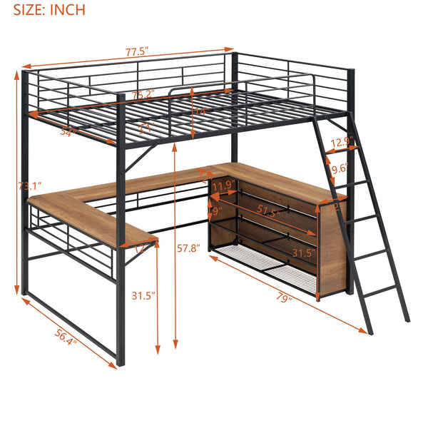 English Elm Full Metal Loft Bed with L-Shaped Desk, 3-Tier Shelving, Sturdy Ladder & Space-Saving Design for Teens and Adults Black SF000080AAB