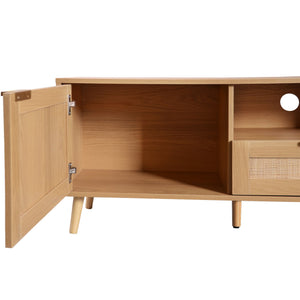 English Elm Rattan Modern Farmhouse TV Stand for TVs up to 85" — Rattan Media Console with Cable Management, Solid Wood Feet and Multi-Functional Storage WF316678AAP