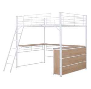 English Elm Full Metal Loft Bed with L-Shaped Desk, 3-Tier Shelving, Sturdy Ladder & Space-Saving Design for Teens and Adults White SF000080AAK