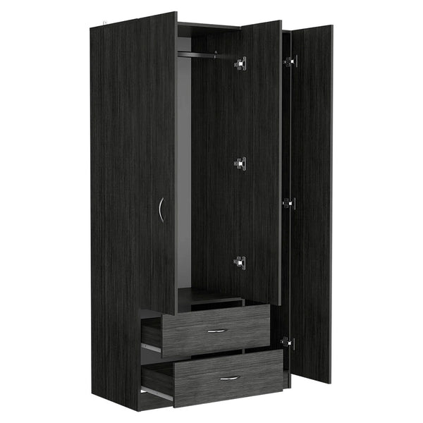 English Elm Three Door Armoire Clark Smokey Oak/White — 70.8"H storage cabinet with rod, 4 shelves & 2 drawers durable engineered wood B092S00205