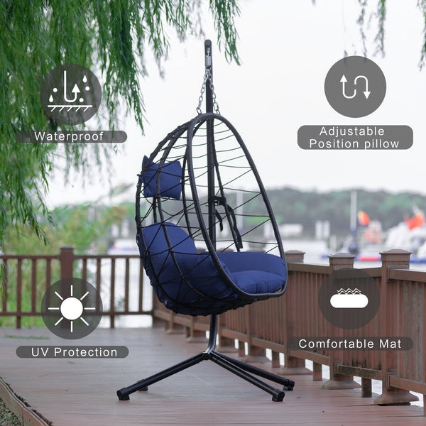 English Elm Egg Modern Rattan Hanging Swing Chair with Stand - All-Weather PE Wicker Egg Seat for Patio Comfort Navy Blue W87437581
