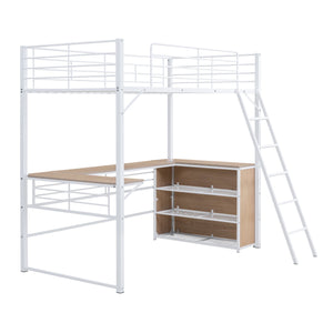 English Elm Twin Metal Loft Bed with L-Shaped Desk, 3-Tier Shelving, Sturdy Ladder & Space-Saving Design White SF000079AAK