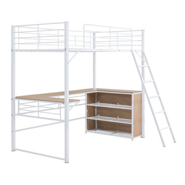 English Elm Twin Metal Loft Bed with L-Shaped Desk, 3-Tier Shelving, Sturdy Ladder & Space-Saving Design White SF000079AAK