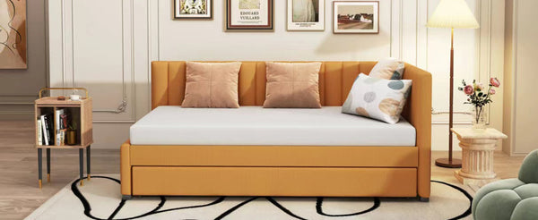 English Elm Upholstered Twin Daybed with Roll-out Trundle Linen Sofa Frame for Guest Rooms LP000171AAL
