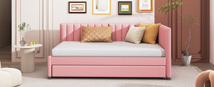 English Elm Upholstered Twin Daybed with Roll-out Trundle Linen Sofa Frame for Guest Rooms Pink LP000171AAH