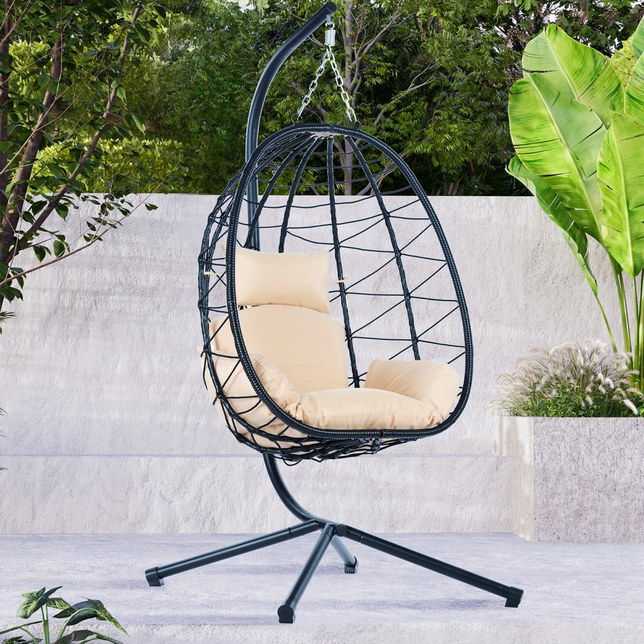 English Elm Egg Modern Rattan Swing Chair with Stand – Black PE Wicker & Beige Cushion, All-Weather Patio Egg Seat W87433841