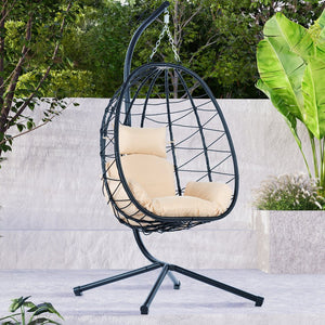 English Elm Egg Modern Rattan Swing Chair with Stand – Black PE Wicker & Beige Cushion, All-Weather Patio Egg Seat W87433841