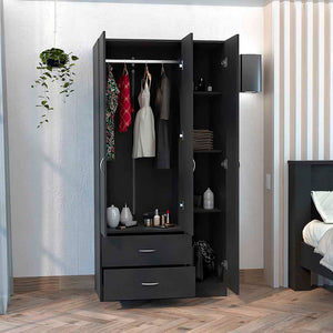 English Elm Three Door Armoire Clark Black – Tall Engineered Wood Wardrobe with Clothing Rod, 4 Shelves & 2 Drawers, 70.8"H B092S00201