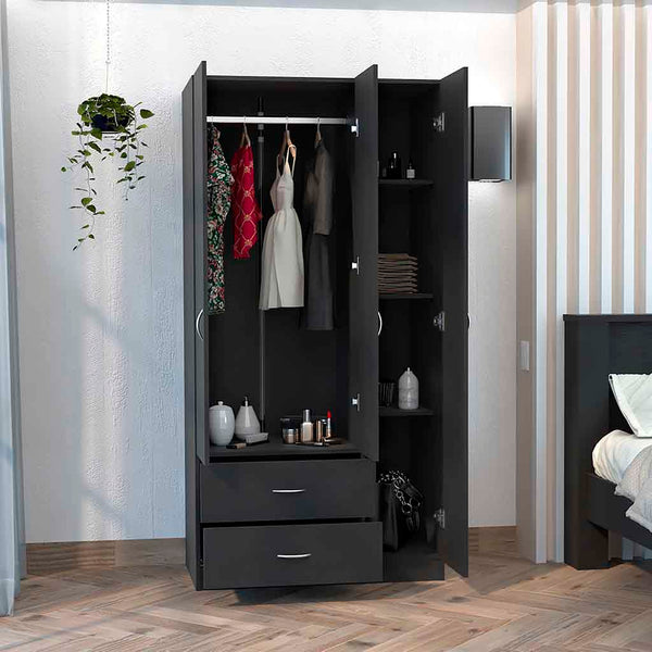 English Elm Three Door Armoire Clark Black – Tall Engineered Wood Wardrobe with Clothing Rod, 4 Shelves & 2 Drawers, 70.8"H B092S00201