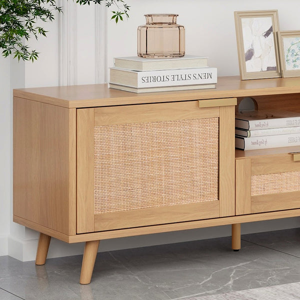 English Elm Rattan Modern Farmhouse TV Stand for TVs up to 85" — Rattan Media Console with Cable Management, Solid Wood Feet and Multi-Functional Storage WF316678AAP