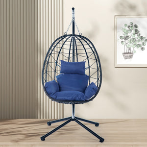 English Elm Egg Modern Rattan Hanging Swing Chair with Stand - All-Weather PE Wicker Egg Seat for Patio Comfort Navy Blue W87437581