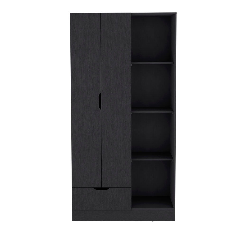 English Elm Armoire Dover Black — Spacious Engineered Wood Wardrobe with Shelves, Hanging Rod & Drawer for Bedroom B092S00213