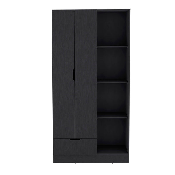 English Elm Armoire Dover Black — Spacious Engineered Wood Wardrobe with Shelves, Hanging Rod & Drawer for Bedroom B092S00213