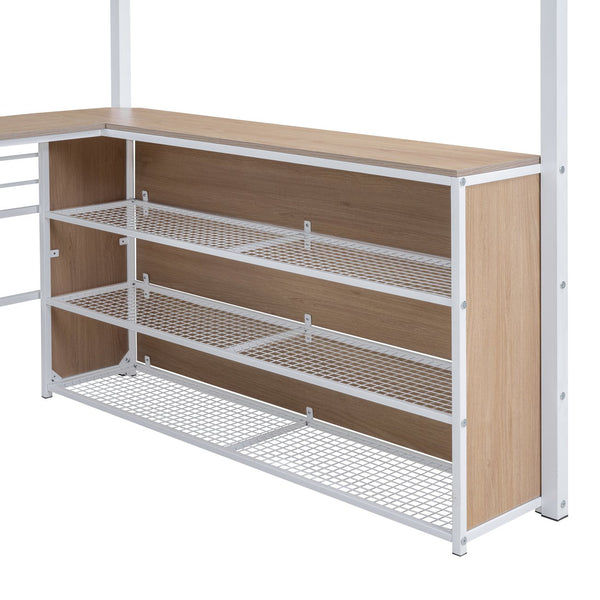 English Elm Full Metal Loft Bed with L-Shaped Desk, 3-Tier Shelving, Sturdy Ladder & Space-Saving Design for Teens and Adults White SF000080AAK