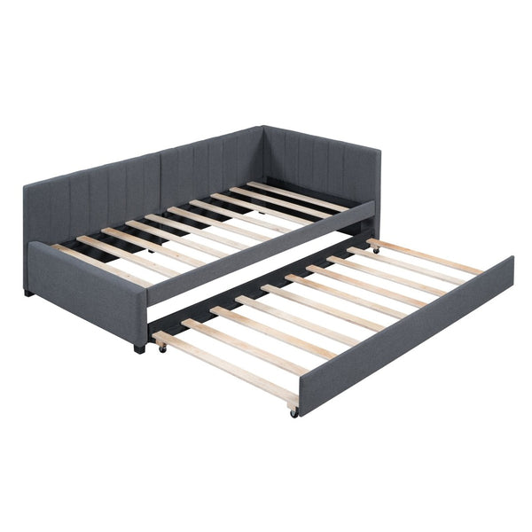 English Elm Upholstered Twin Daybed with Roll-out Trundle Linen Sofa Frame for Guest Rooms Gray LP000171AAE