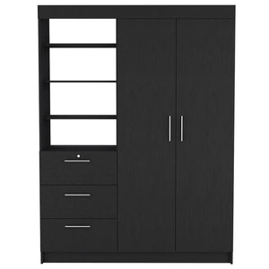 English Elm Armoire Rumanu Black Engineered Wood Wardrobe with Two Doors, Three Drawers & Four Shelves for Bedroom Storage and Durable Style B092S00211