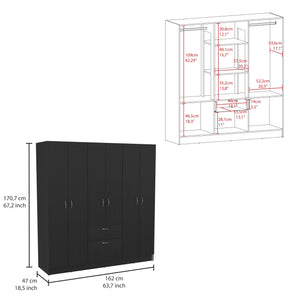 English Elm Six Doors Armoire Maya White+Black 71.2" Tall Engineered Wood Wardrobe with 2 Hanging Cabinets, Shelves, Drawer B092S00206