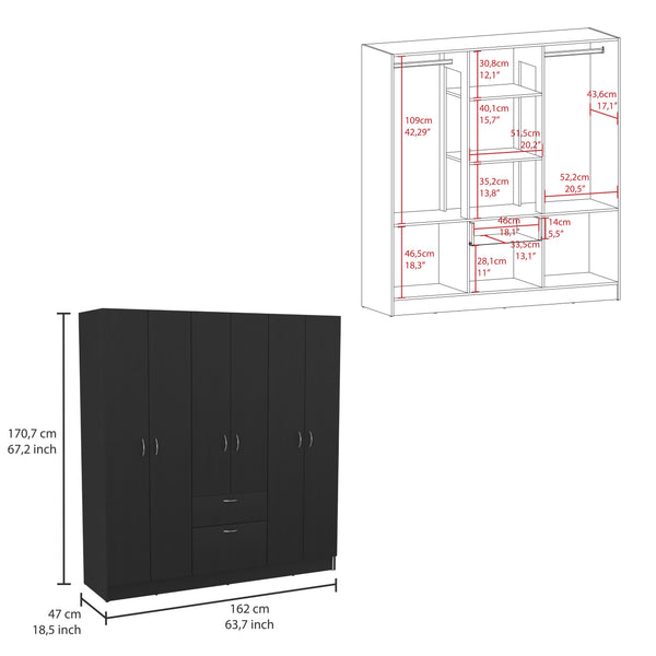 English Elm Six Doors Armoire Maya White+Black 71.2" Tall Engineered Wood Wardrobe with 2 Hanging Cabinets, Shelves, Drawer B092S00206