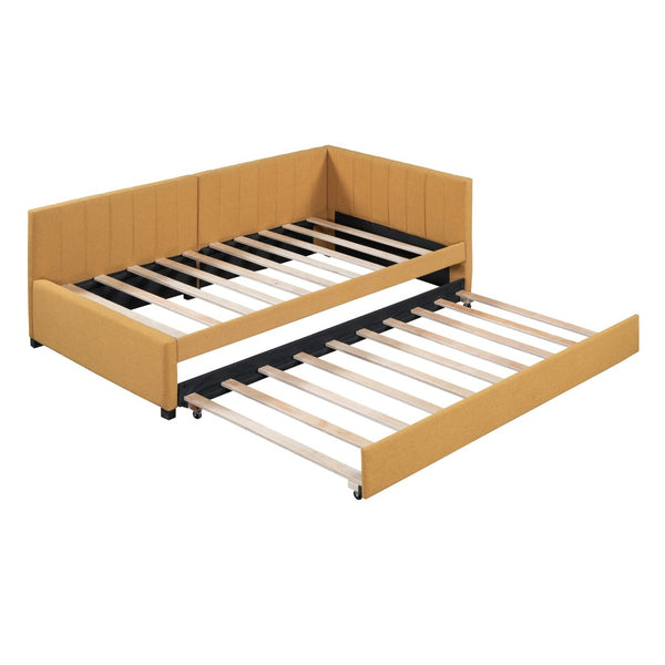 English Elm Upholstered Twin Daybed with Roll-out Trundle Linen Sofa Frame for Guest Rooms LP000171AAL