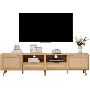 English Elm Rattan Modern Farmhouse TV Stand for TVs up to 85" — Rattan Media Console with Cable Management, Solid Wood Feet and Multi-Functional Storage WF316678AAP