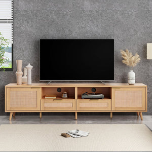 English Elm Rattan Modern Farmhouse TV Stand for TVs up to 85" — Rattan Media Console with Cable Management, Solid Wood Feet and Multi-Functional Storage WF316678AAP